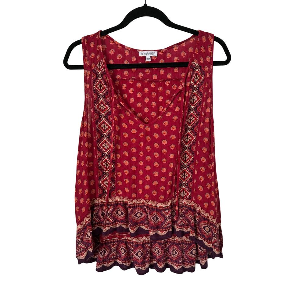 Patrons of Peach Dark Pink Red Boho Paisley Sleeveless Loose Fit Blouse Size M